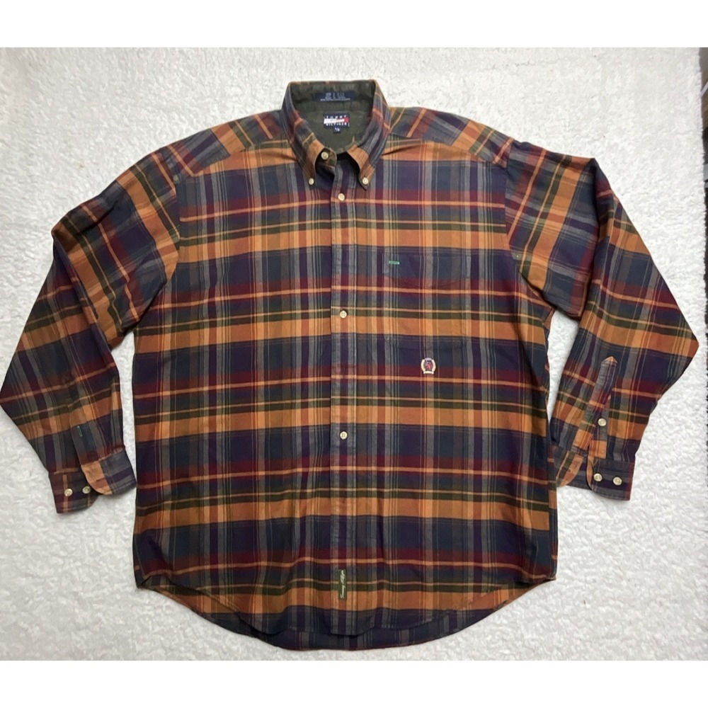 Tommy Hilfiger Men's Multicolor Brown Navy Plaid Long Sleeve Button-Down Shirt L - Picture 2 of 9